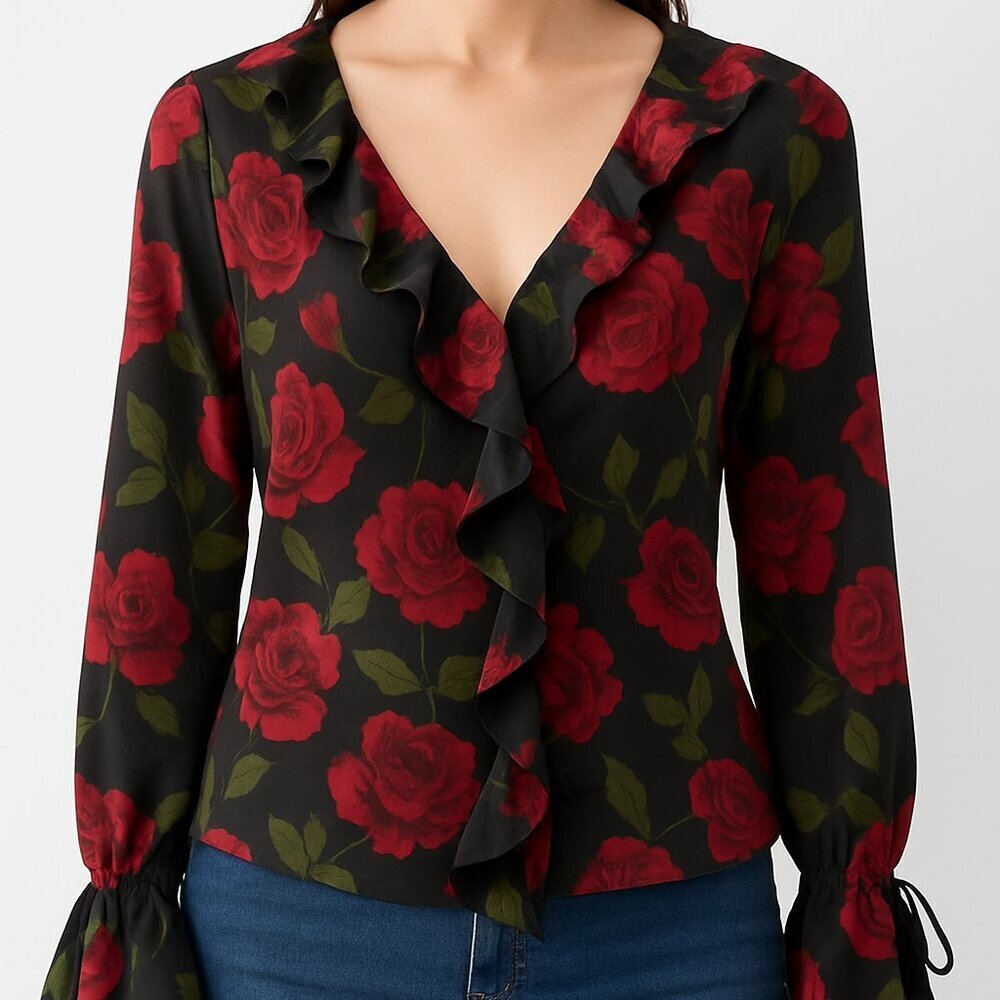 Show Me Your Mumu Ruffle Floral Rose Blouse Black Red Size Small NWT